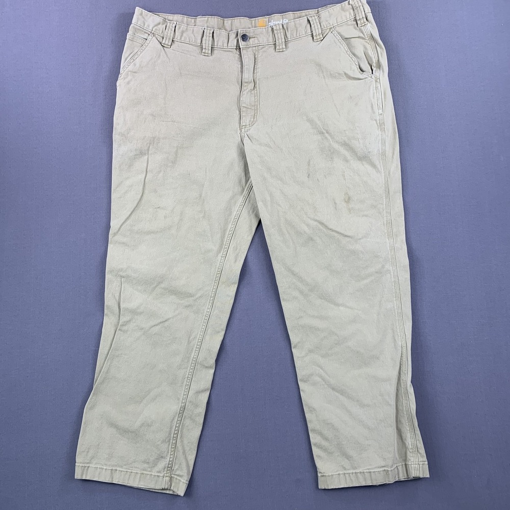 Carhartt Pants Mens 44x30 Tan Relaxed Fit Canvas Workwear Utility Pockets Stains
